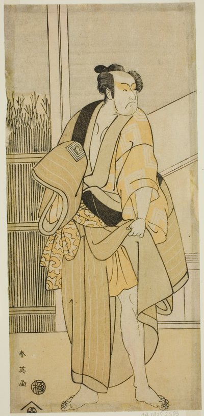 Aktor Ichikawa Monnosuke II jako Hiranoya Tokubei () w sztuce Waka Murasaki Edokko Soga (), wystawionej w teatrze Ichimura () w trzecim miesiącu 1792 roku () autorstwa Katsukawa Shun
