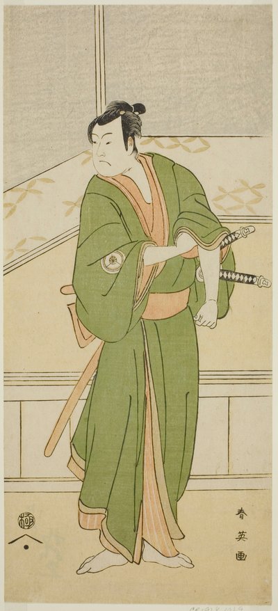 Aktor Iwai Hanshiro IV jako Shirai Gompachi w sztuce "Gozen-gakari Sumo Soga" wystawionej w teatrze Kawarazaki w drugim miesiącu 1793 r. autorstwa Katsukawa Shun