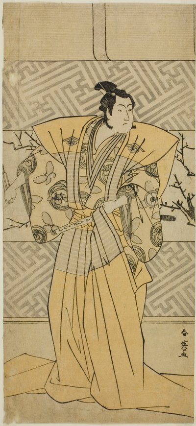 Aktor Iwai Hanshiro IV jako Soga no Goro Tokimune w sztuce Koi no Yosuga Kanegaki Soga, wystawionej w teatrze Ichimura w pierwszym miesiącu 1789 r. autorstwa Katsukawa Shun