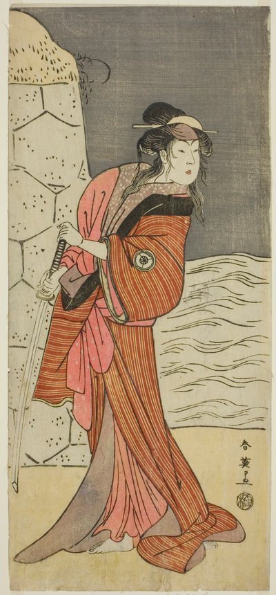 Aktor Iwai Hanshiro IV jako Yaegushi no Oroku () w sztuce Keisei Kogane no Hakarime (), wystawianej w teatrze Kawarazaki () w trzecim miesiącu 1792 roku () autorstwa Katsukawa Shun