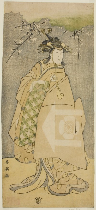 Aktor Iwai Kiyotaro jako Kewaizaka no Shosho w sztuce Gohiiki no Hana Aikyo Soga, wystawionej w teatrze Kawarazaki w pierwszym miesiącu 1794 r. autorstwa Katsukawa Shun