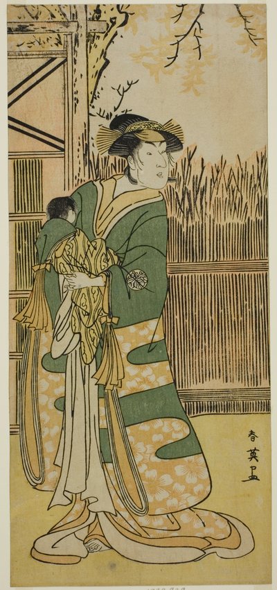 Aktor Nakayama Tomisaburo I jako Lady Tokiwa (Tokiwa Gozen) () w sztuce Kimmenuki Genke no Kakutsuba (), wystawianej w teatrze Ichimura () w jedenastym miesiącu 1791 roku () autorstwa Katsukawa Shun