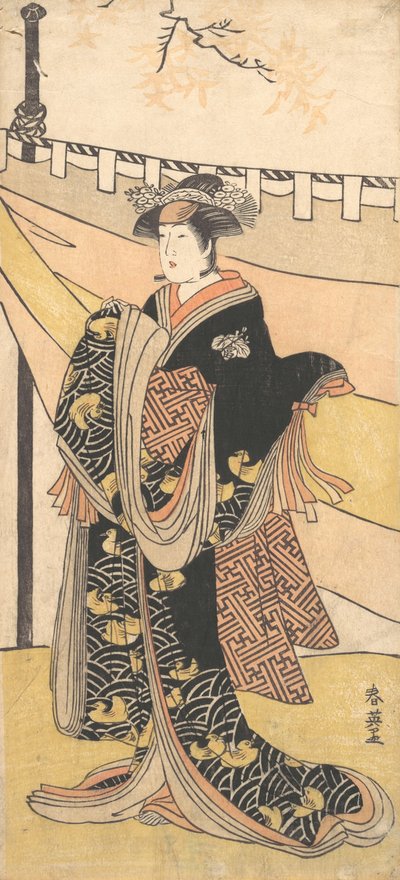 Aktor Nakayama Tomisaburo jako kobieta na pikniku pod jesiennymi klonami, ca. 1792. autorstwa Katsukawa Shun