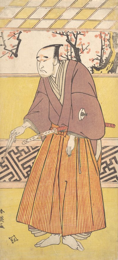Aktor Onoye Matsusuke I, jako mężczyzna trzymający w prawej ręce zamknięty wachlarz, ca. 1780. autorstwa Katsukawa Shun