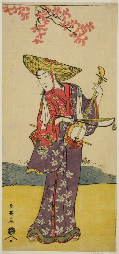 Aktor Sawamura Tamagashira jako spacerujący muzyk w sztuce Dai Danna Kanjincho, wystawionej w teatrze Kawarazaki w jedenastym miesiącu 1790 roku autorstwa Katsukawa Shun