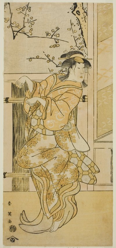 Aktor Segawa Kikunojo III jako Kojoro-gitsune (samica lisa) w przebraniu Omiki w sztuce Komachi-mura Shibai no Shogatsu wystawianej w teatrze Nakamura w jedenastym miesiącu 1789 roku autorstwa Katsukawa Shun