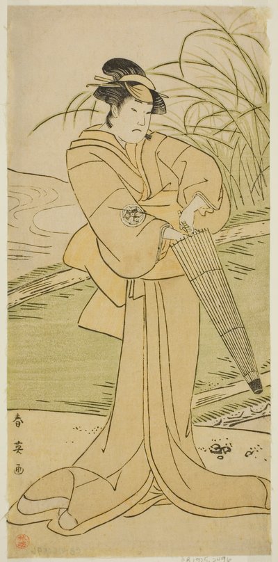 Aktor Yamashita Kinsaku II jako Okaya w sztuce Yomogi Fuku Noki no Tamamizu, wystawionej w teatrze Kiri w piątym miesiącu 1795 r. autorstwa Katsukawa Shun