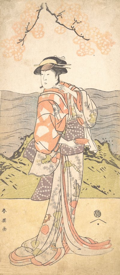 Czwarty Iwai Hanshiro jako kobieta stojąca pod wiśnią, ca. 1792 autorstwa Katsukawa Shun