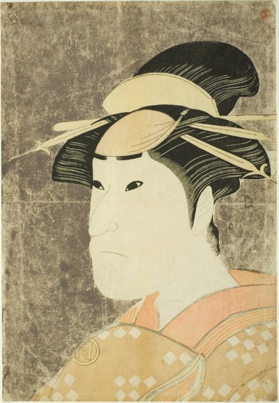 Aktor Sanogawa Ichimatsu III jako prostytutka Onayo z Gion w sztuce "Hana-ayame Bunroku Soga" wystawionej w teatrze Miyako w piątym miesiącu 1794 r. autorstwa Katsukawa Shun