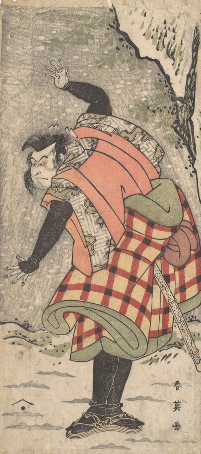 Niezidentyfikowany aktor jako Kyokaku stojący u stóp klifu podczas burzy śnieżnej, ca. 1793. autorstwa Katsukawa Shun