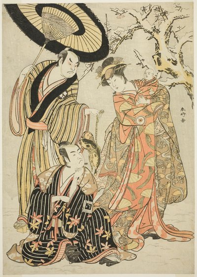 Aktorzy Iwai Hanshirô IV, Ichikawa Monnosuke II i Sakata Hangorô III w filmie "Płatki śniegu: Podnoszenie standardów w Izu" ("Mutsu no Hana Izu no Hataage") autorstwa Katsukawa Shunkо̄