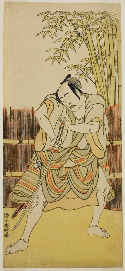 Aktor Bando Mitsugoro I jako Ogata no Saburo w przebraniu Yoroya Takiemon w sztuce Mure Takamatsu Yuki no Shirahata, wystawionej w teatrze Ichimura w jedenastym miesiącu 1780 r. autorstwa Katsukawa Shunkо̄