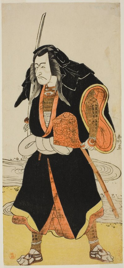 Aktor Ichikawa Danjuro V, prawdopodobnie jako Ise no Saburo przebrany za Sanjo Uemona, przywódcę gangu rabusiów, w drugiej części sztuki Fude-hajime Kanjincho (Pierwsza kaligrafia nowego roku: Kanjincho [Lista subskrypcji]), wystawianej w teatrze Nakamura. autorstwa Katsukawa Shunkо̄
