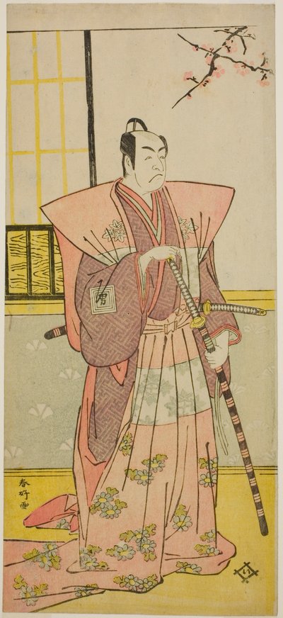 Aktor Ichikawa Omezo I jako Koyurugi Motomenosuke () w sztuce Haru no Nishiki Date-zome Soga (), wystawionej w teatrze Nakamura () w pierwszym miesiącu 1790 r. () autorstwa Katsukawa Shunkо̄