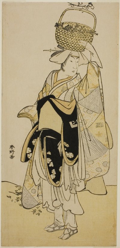 Aktor Ichikawa Yaozo III jako Shiragiku w sekwencji tanecznej "Shinobu Uri" w sztuce "Hatsuhana Mimasu Soga" wystawionej w teatrze Nakamura w pierwszym miesiącu 1785 r. autorstwa Katsukawa Shunkо̄