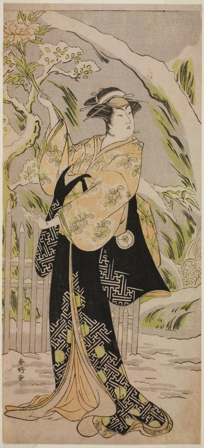 Aktor Iwai Hanshiro IV jako Lady Yaehata w sztuce "Sanga no Sho Haru no Hanayome" wystawionej w teatrze Kiri w jedenastym miesiącu 1787 r. autorstwa Katsukawa Shunkо̄