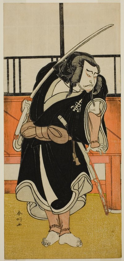 Aktor Nakamura Nakazo I jako Aso no Matsuwaka () w sztuce Iro Moyo Aoyagi Soga (), wystawionej w teatrze Nakamura () w drugim miesiącu 1775 roku () autorstwa Katsukawa Shunkо̄