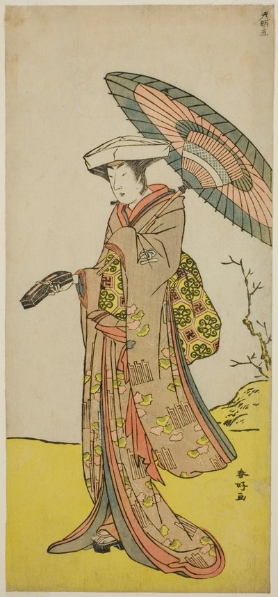 Aktor Nakayama Kojuro VI jako Chinzei Hachiro Tametomo w przebraniu Lady Hotoke (Hotoke Gozen) w sztuce Yukimotsu Take Furisode Genji, wystawianej w teatrze Nakamura w jedenastym miesiącu 1785 r. autorstwa Katsukawa Shunkо̄