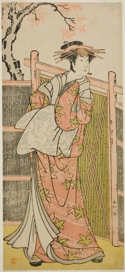 Aktor Sawamura Sojuro III jako duch kurtyzany Takao w sztuce Takao Daimyojin Momiji no Tamagaki, wystawianej w teatrze Nakamura w siódmym miesiącu 1787 r. autorstwa Katsukawa Shunkо̄