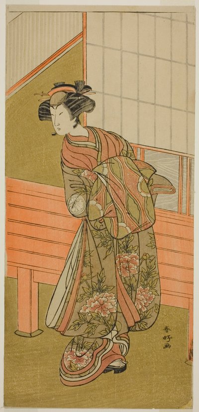 Aktor Segawa Kikunojo III jako kurtyzana Takamura z Onoteruya () w sztuce Sugata no Hana Yuki no Kuromushi (), wystawianej w teatrze Ichimura () w jedenastym miesiącu 1776 roku () autorstwa Katsukawa Shunkо̄