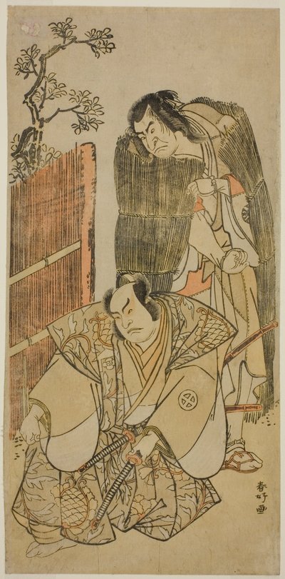 Aktorzy Nakamura Nakazo I jako Kagekiyo przebrany za żebraka (po prawej) i Otani Hiroji III jako Onio Shinzaemon (po lewej) w sztuce Kotobuki Banzei Soga wystawianej w teatrze Ichimura w trzecim miesiącu 1783 r. autorstwa Katsukawa Shunkо̄