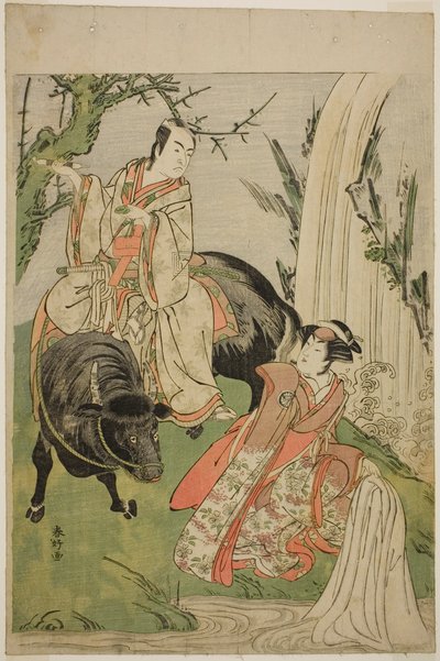 Aktorzy Segawa Kikunojo III jako księżniczka Hatsune (Hatsune Hime) (po prawej) i Ichikawa Monnosuke II jako Miyukinosuke Yukinari w sztuce Otokoyama Furisode Genji, wystawionej w teatrze Kiri w jedenastym miesiącu 1785 r. autorstwa Katsukawa Shunkо̄