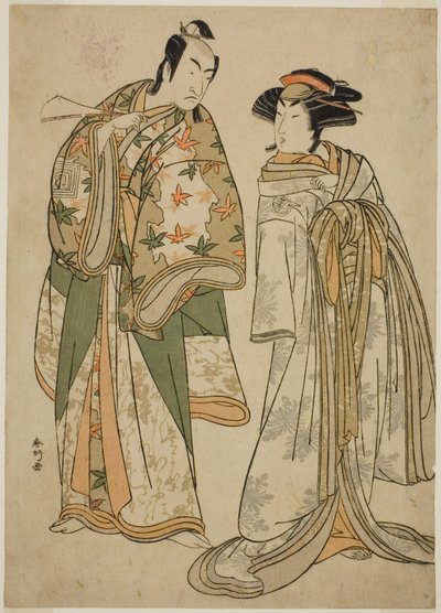 Aktorzy Segawa Kikunojo III jako kurtyzana Sumizome (po prawej) i Ichikawa Monnosuke II jako Goinosuke Yoshimine (po lewej) w sztuce Juni-hitoe Komachi-zakura, wystawianej w teatrze Kiri w jedenastym miesiącu 1784 r. autorstwa Katsukawa Shunkо̄