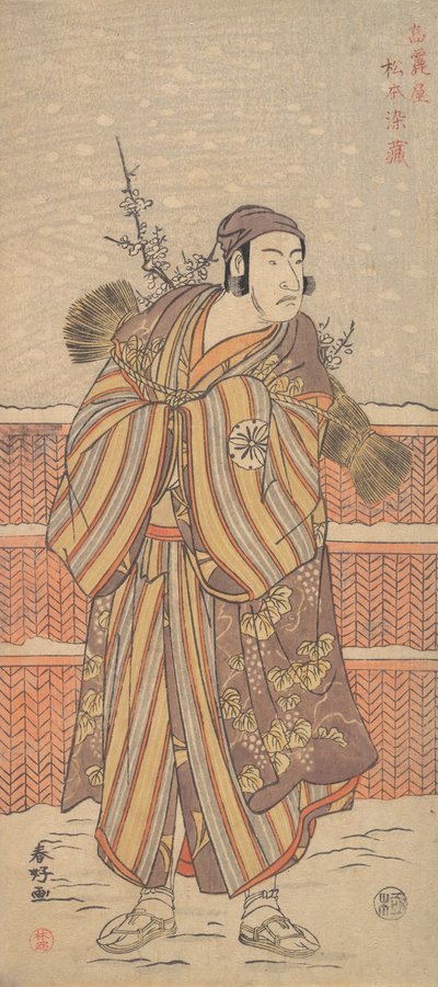 Matsumoto Sumezo jako mężczyzna w zimowym stroju stojący na śniegu, ca. 1785-90. autorstwa Katsukawa Shunko