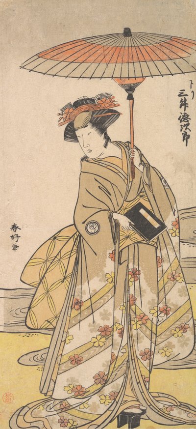 Mimasu Tokujuro jako kobieta stojąca przy wijącym się strumieniu, ca. 1780. autorstwa Katsukawa Shunko