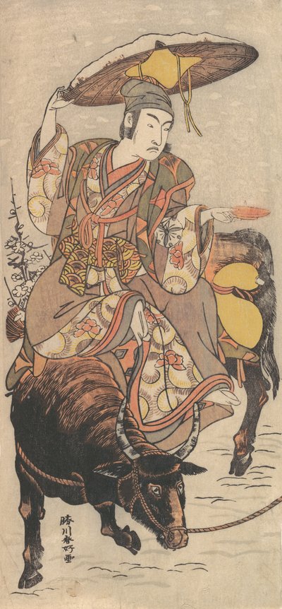 Aktor Matsumoto Koshiro IV na wołu podczas śnieżycy, ca. 1790. autorstwa Katsukawa Shunko
