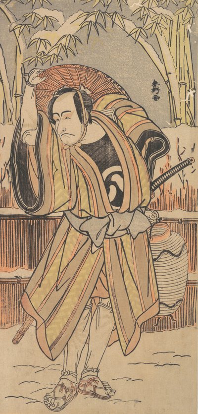 Piąty Ichikawa Danjuro jako mężczyzna w odzieży zimowej, datowany na 1788 rok. autorstwa Katsukawa Shunko