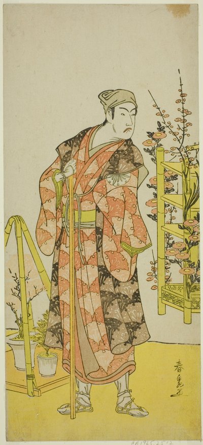 Aktor Matsumoto Koshiro IV jako sprzedawca roślin Awashima no Yonosuke w sztuce Mukashi Otoko Yuki no Hinagata, wystawionej w Teatrze Ichimura w jedenastym miesiącu 1781 autorstwa Katsukawa Shunsen