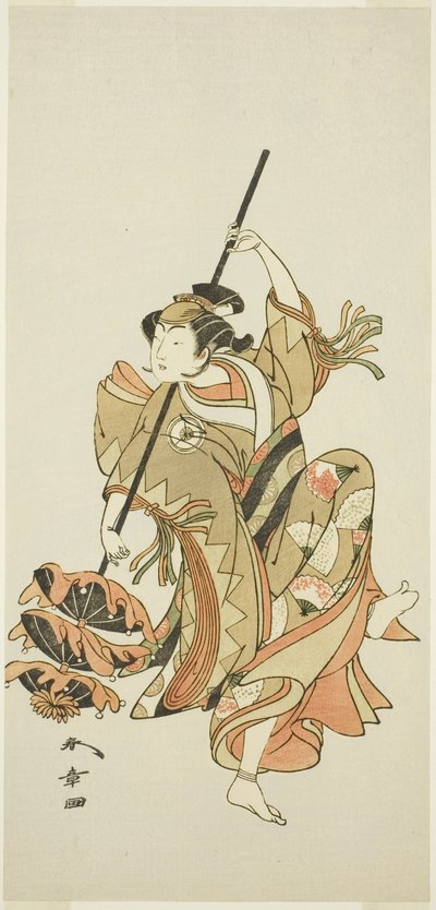 Aktor Iwai Hanshiro IV wykonuje taniec z potrójnym parasolem w filmie „Kwiat Japonii: Pięć postaci Ono no Komachi” („Kuni no Hana Ono no Itsumoji”) autorstwa Katsukawa Shunsho
