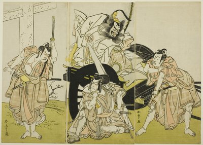 Aktorzy Nakajima Mihoemon II jako Fujiwara no Shihei, Ichikawa Ebizô III jako Matsuo-maru, Ichikawa Yaozô II jako Sakura-maru i Ichimura Uzaemon IX jako Umeo-maru w "Sugawara