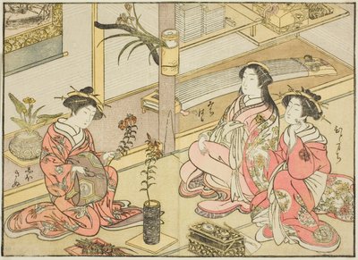 Kurtyzany Kadotsutaya, z książki „Zwierciadło pięknych kobiet z dzielnic przyjemności (Seiro bijin awase sugata kagami),” tom. 1 autorstwa Katsukawa Shunsho