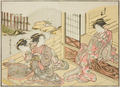 Kurtyzany Kagemanjiya, z książki „Zwierciadło pięknych kobiet z dzielnic przyjemności (Seiro bijin awase sugata kagami),” tom. 1 autorstwa Katsukawa Shunsho
