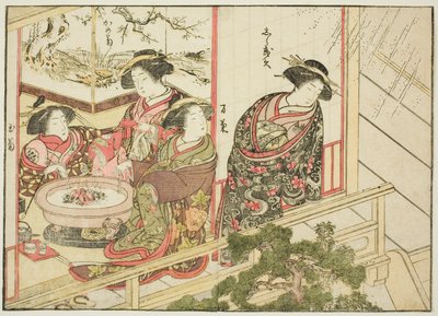 Kurtyzany z Kiribishiya, z książki „Zwierciadło pięknych kobiet z dzielnic przyjemności (Seiro bijin awase sugata kagami),” tom. 2 autorstwa Katsukawa Shunsho