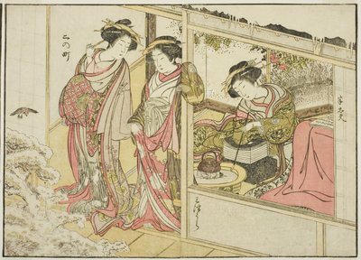 Kurtyzany Nakaomiya, z książki „Zwierciadło pięknych kobiet z dzielnic przyjemności (Seiro bijin awase sugata kagami),” tom. 2 autorstwa Katsukawa Shunsho