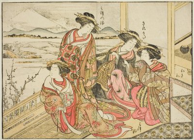 Kurtyzany Obishiya, z książki „Zwierciadło pięknych kobiet z dzielnic przyjemności (Seiro bijin awase sugata kagami),” tom. 2 autorstwa Katsukawa Shunsho