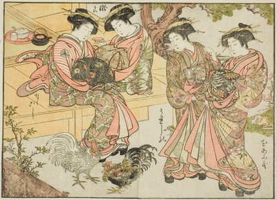 Kurtyzany Ogiyi, z książki „Zwierciadło pięknych kobiet Dzielnicy Przyjemności (Seiro bijin awase sugata kagami),” tom. 1 autorstwa Katsukawa Shunsho