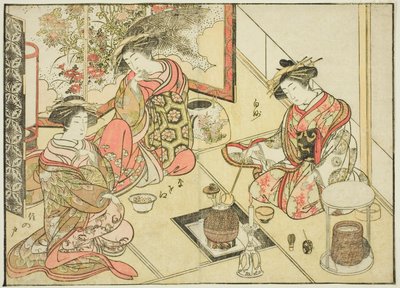 Kurtyzany Okaneya, z książki „Zwierciadło pięknych kobiet z dzielnic przyjemności (Seiro bijin awase sugata kagami),” tom. 2 autorstwa Katsukawa Shunsho