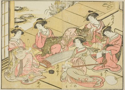 Kurtyzany Tamaya, z książki „Zwierciadło pięknych kobiet z dzielnic przyjemności (Seiro bijin awase sugata kagami),” tom. 1 autorstwa Katsukawa Shunsho