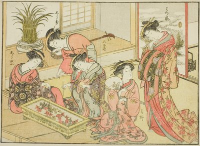 Kurtyzany Wakanayi, z książki „Zwierciadło pięknych kobiet Dzielnicy Przyjemności (Seiro bijin awase sugata kagami),” tom. 1 autorstwa Katsukawa Shunsho