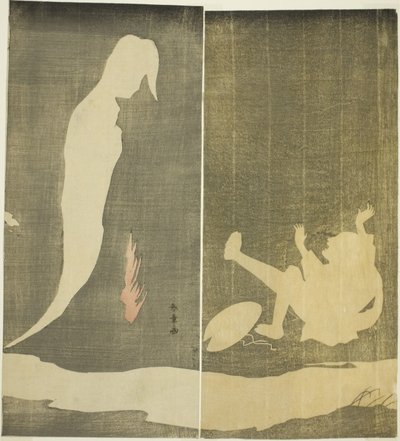 Mężczyzna spadający do tyłu, zaskoczony przez ducha kobiety nad rzeką, ok. 1782 (kolorowy drzeworyt; dyptyk hosoban) autorstwa Katsukawa Shunsho