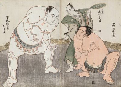 Onagawa Uki Saburo Draft d Kajinosuke Tanikaze w wykonaniu Minoru Tei Hyo, sędzia D: Shosuke Kimura autorstwa Katsukawa Shunsho