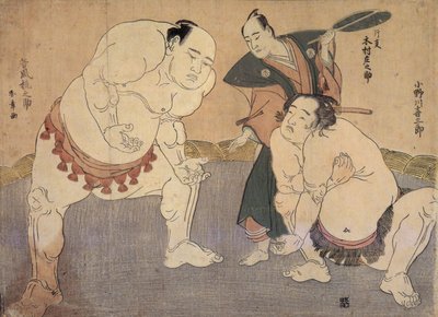 Onagawa Kisaburo i Tanikaze Kajinosuke wykonują Shiriki w Dohyo, sędziuje Kimura Shonosuke autorstwa Katsukawa Shunsho