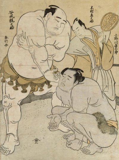Pre parathion s fore tch beto een Onagawa Uki Saburo draft d Tanikaze Kajinosuke, sędzia Kimura Shosuke autorstwa Katsukawa Shunsho