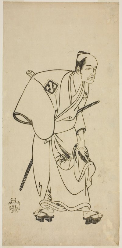 Aktor Arashi Otohachi I jako Hotei Ichiemon w sztuce Ayatsuri Kabuki Ogi, wystawionej w Teatrze Nakamura w siódmym miesiącu, 1768 autorstwa Katsukawa Shunsho