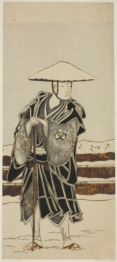 Aktor Bando Mitsugoro I jako opat Saimyo-ji Tokiyori, przebrany za mnicha, w Joruri „Onna Hachi no Ki” (żeńska wersja „Drzew doniczkowych”) z części drugiej sztuki Onna Aruji Hatsuyuki no Sekai (A Kobieta jako mistrz: Świat pierwszego śniegu) autorstwa Katsukawa Shunsho