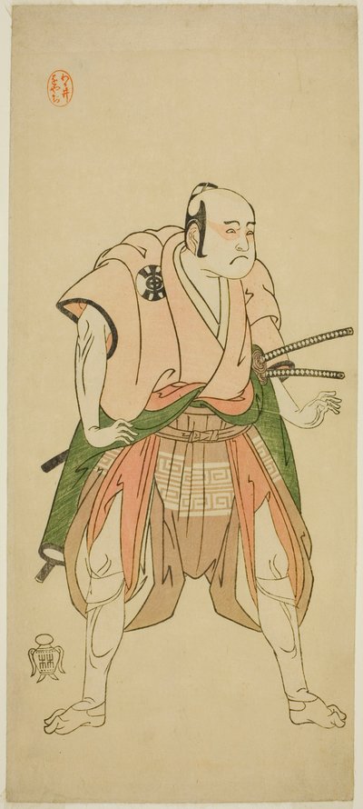 Aktor Bando Sampachi I jako Yawata no Saburo (?) w sztuce Shuen Soga Omugaeshi (?), wystawiony w Teatrze Ichimura (?) w drugim miesiącu, 1768 (?) autorstwa Katsukawa Shunsho